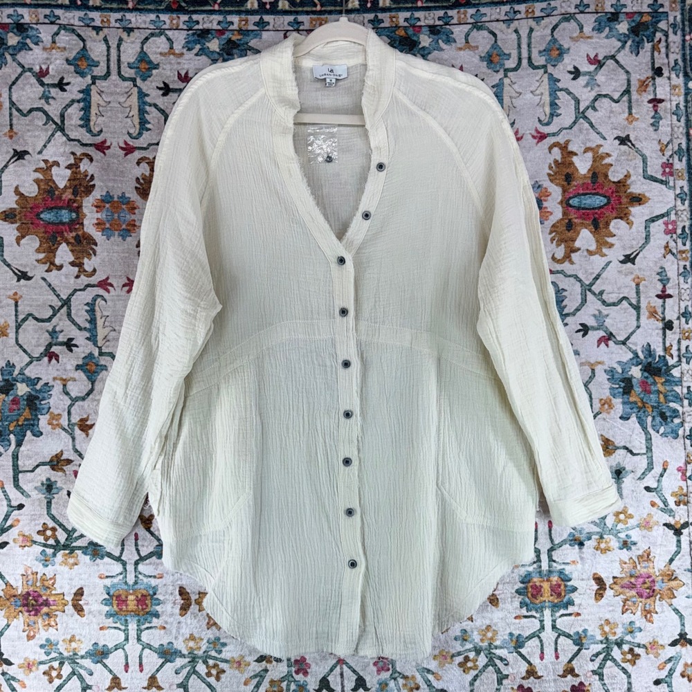 Urban Daizy Cream Cotton Gauze Button Down Tunic Top TD0146T Medium
